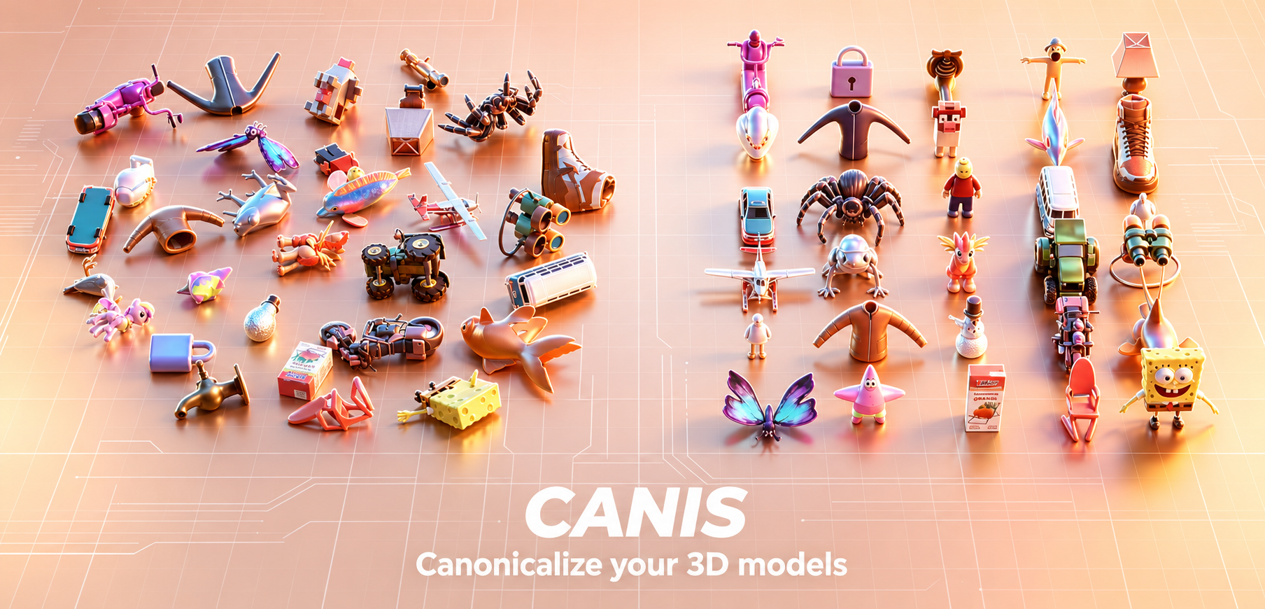 CANIS teaser showing diverse 3D objects before and after canonicalization